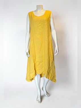 Rosemarine Italy 100% Linen Yellow Sleeveless Asymmetrical Midi Dress XL Summer